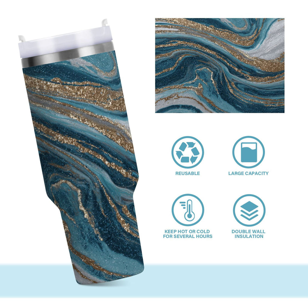 30 oz Insulated Stainless Steel Tumbler Double Wall Stainless Steel Tumbler with 2-Way Drinking Blue and Gold Swirling - Pick 496