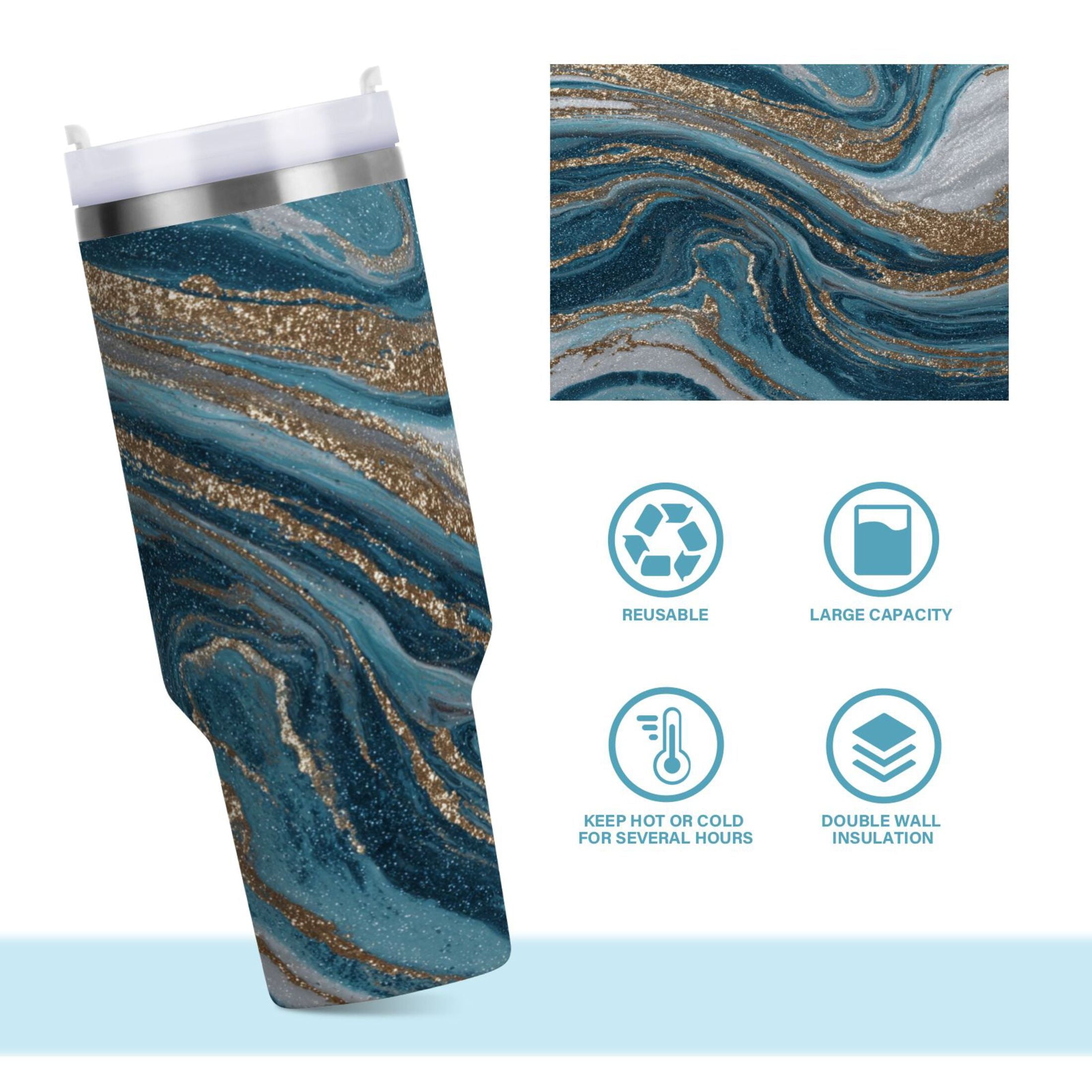 30 oz Insulated Stainless Steel Tumbler Double Wall Stainless Steel Tumbler with 2-Way Drinking Blue and Gold Swirling - Pick 496