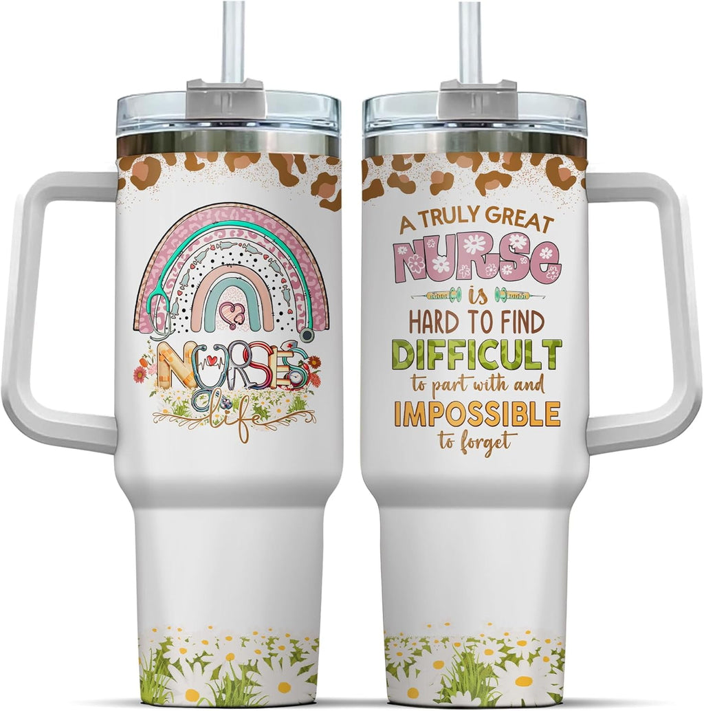 Tumbler 40 Oz With Handle Lid And Straw, Nurse Gifts, Black Camo White Engraved Print Travel Nurses Tumblers Handle Funny Cups Nursing For, Great Nurse Rainbow Daisy Flower - Pick 979