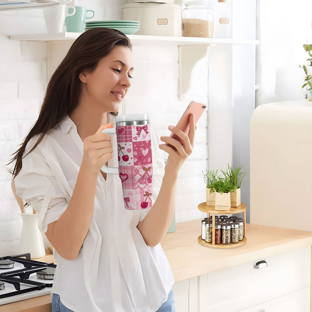30 oz Insulated Stainless Steel Tumbler Double Wall Stainless Steel Tumbler with 2-Way Drinking Cherry Pattern with Bows - Pick 766