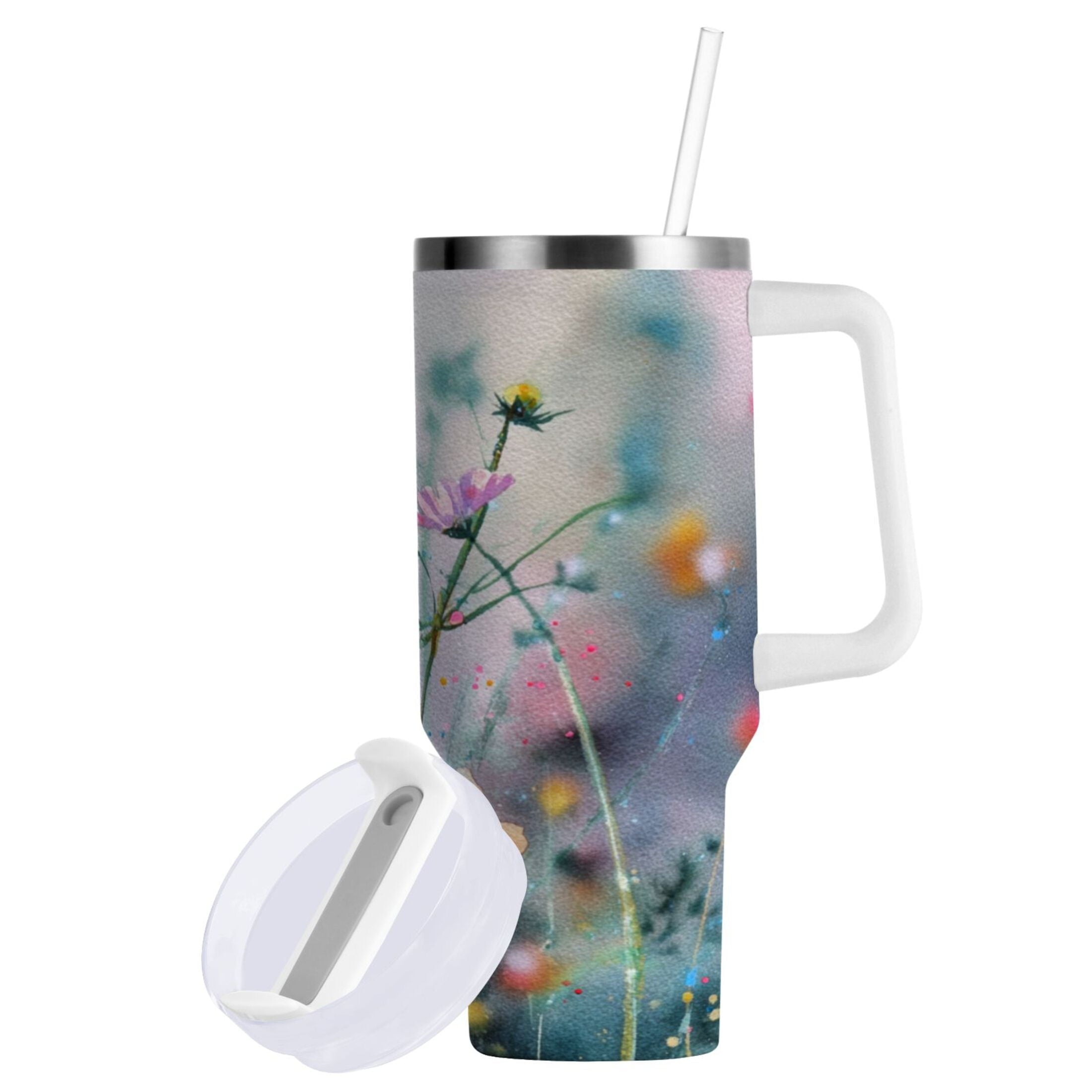 40 oz Insulated Stainless Steel Tumbler Double Wall Stainless Steel Tumbler with 2-Way Drinking Abstract Wildflowers - Pick 724
