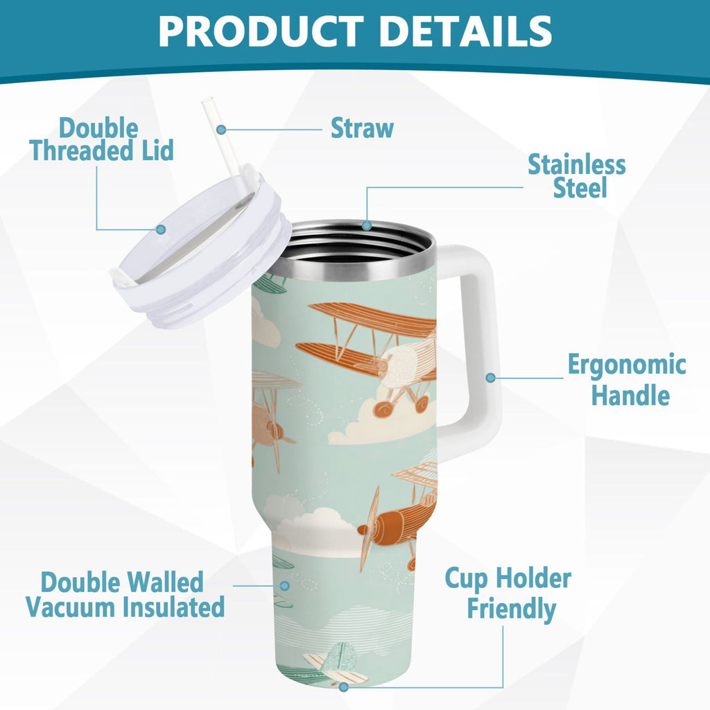40 oz Insulated Stainless Steel Tumbler Double Wall Stainless Steel Tumbler with 2-Way Drinking Cute Airplanes - Pick 715