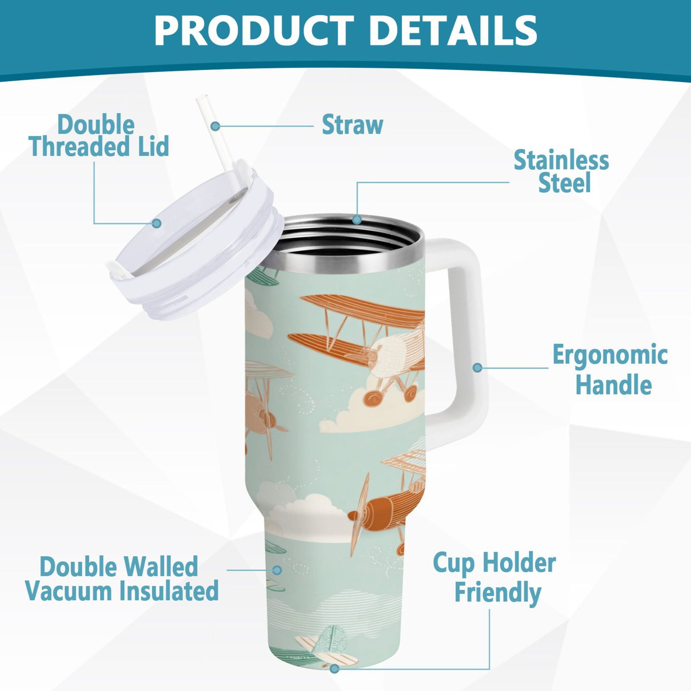 40 oz Insulated Stainless Steel Tumbler Double Wall Stainless Steel Tumbler with 2-Way Drinking Cute Airplanes - Pick 715