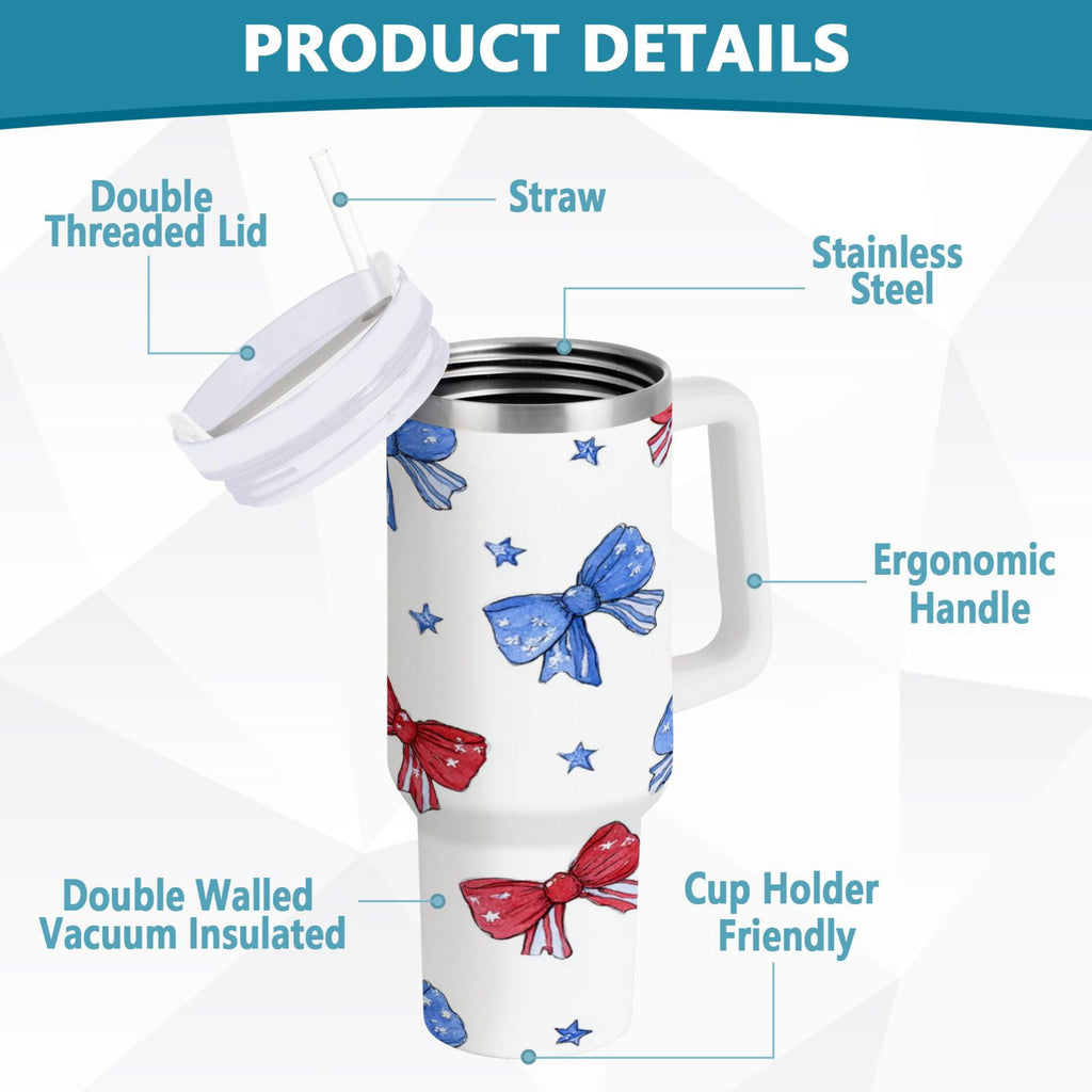 40 oz Insulated Stainless Steel Tumbler Double Wall Stainless Steel Tumbler with 2-Way Drinking Hand-drawn Bows - Pick 882