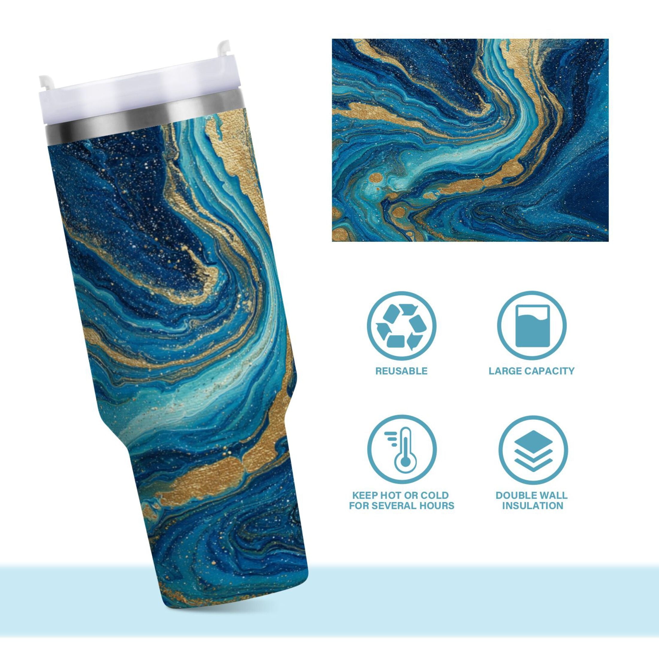 30 oz Insulated Stainless Steel Tumbler Double Wall Stainless Steel Tumbler with 2-Way Drinking Blue and Gold Ocean - Pick 357