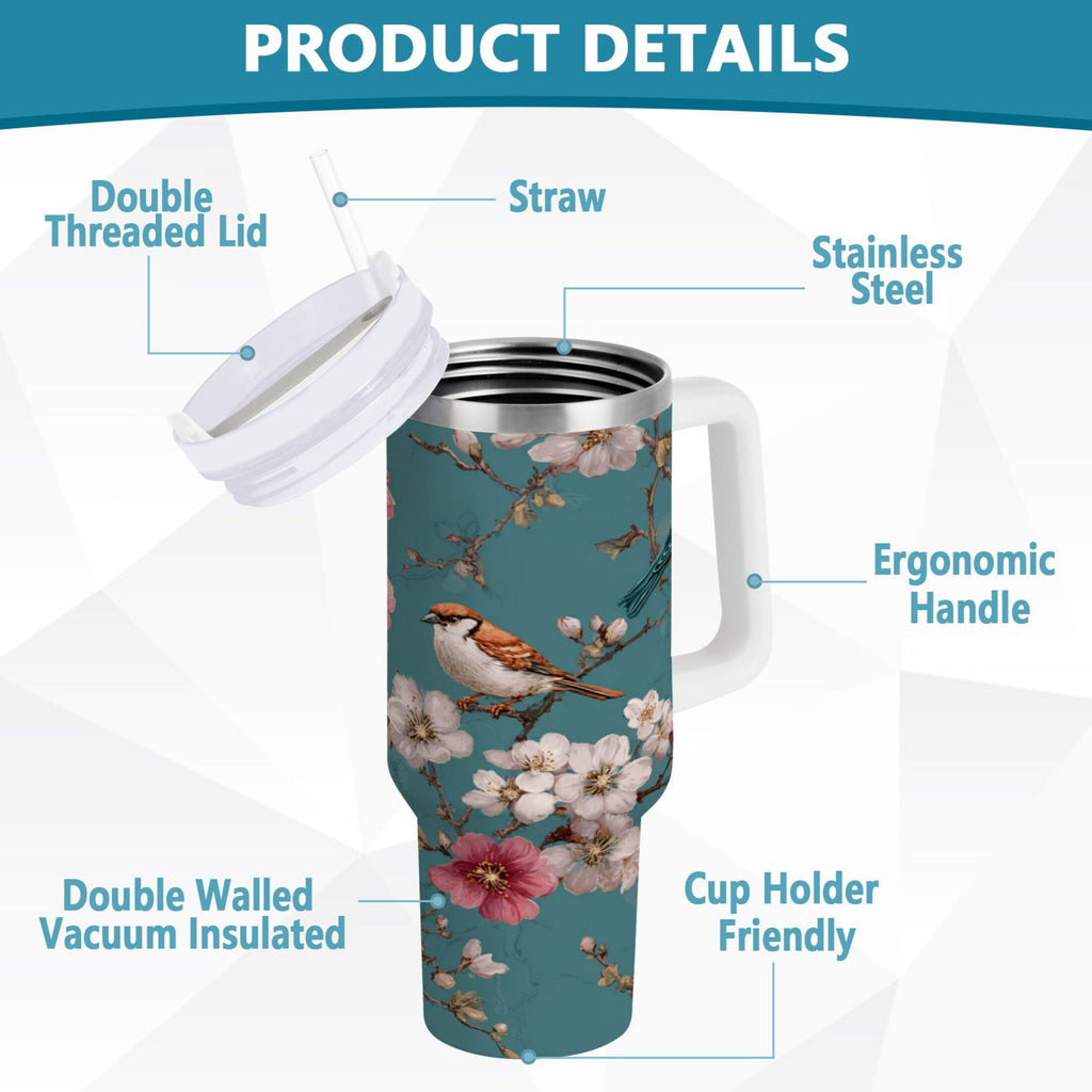 30 oz Insulated Stainless Steel Tumbler Double Wall Stainless Steel Tumbler with 2-Way Drinking Birds and Cherry Pattern - Pick 725