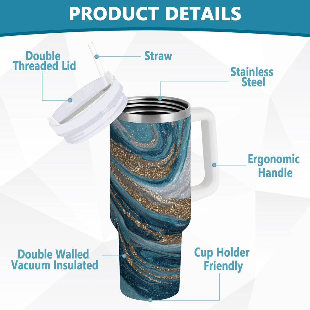 30 oz Insulated Stainless Steel Tumbler Double Wall Stainless Steel Tumbler with 2-Way Drinking Blue and Gold Swirling - Pick 496