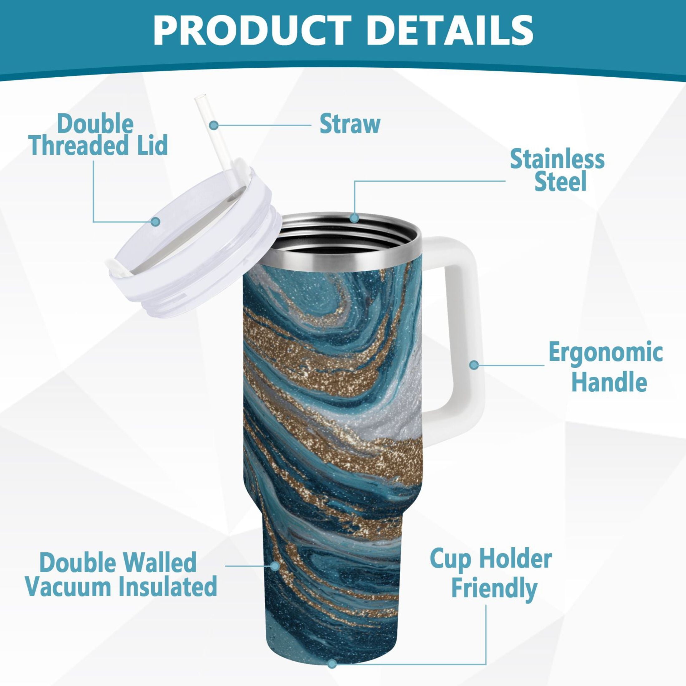 30 oz Insulated Stainless Steel Tumbler Double Wall Stainless Steel Tumbler with 2-Way Drinking Blue and Gold Swirling - Pick 496