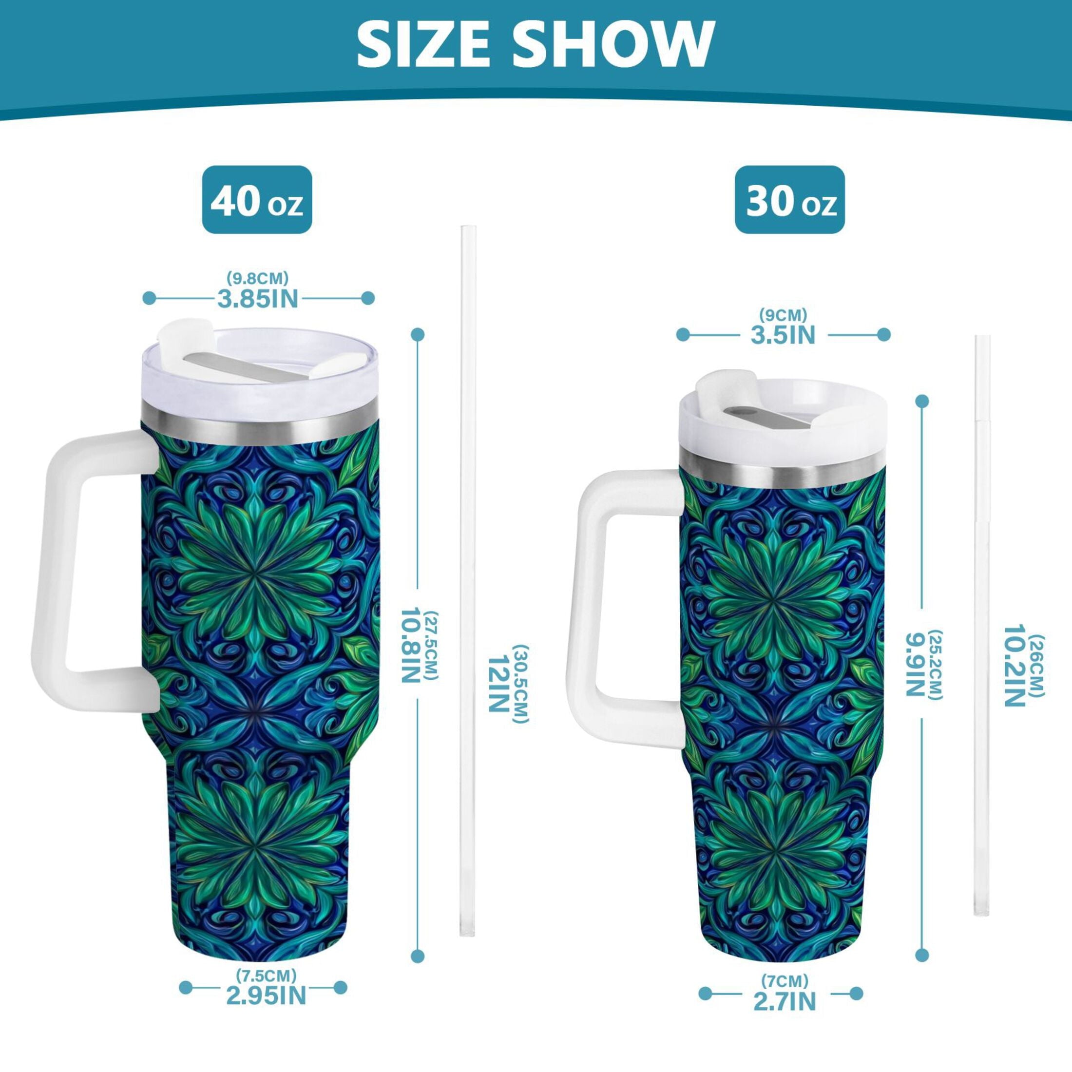 40 oz Insulated Stainless Steel Tumbler Double Wall Stainless Steel Tumbler with 2-Way Drinking Elegant Blue Traditional Patterns - Pick 761
