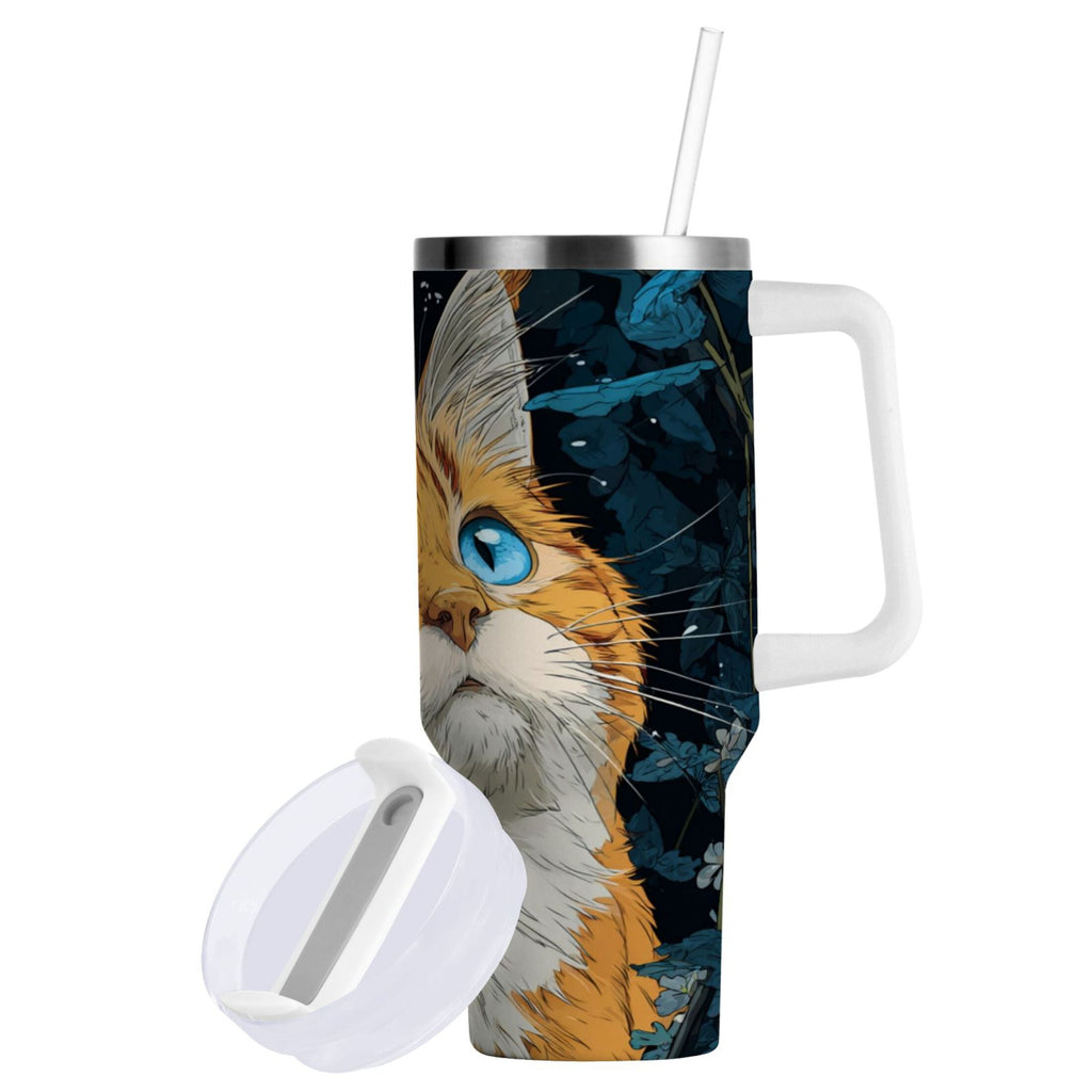 30 oz Insulated Stainless Steel Tumbler Double Wall Stainless Steel Tumbler with 2-Way Drinking Orange Cat with Blue Eyes - Pick 547
