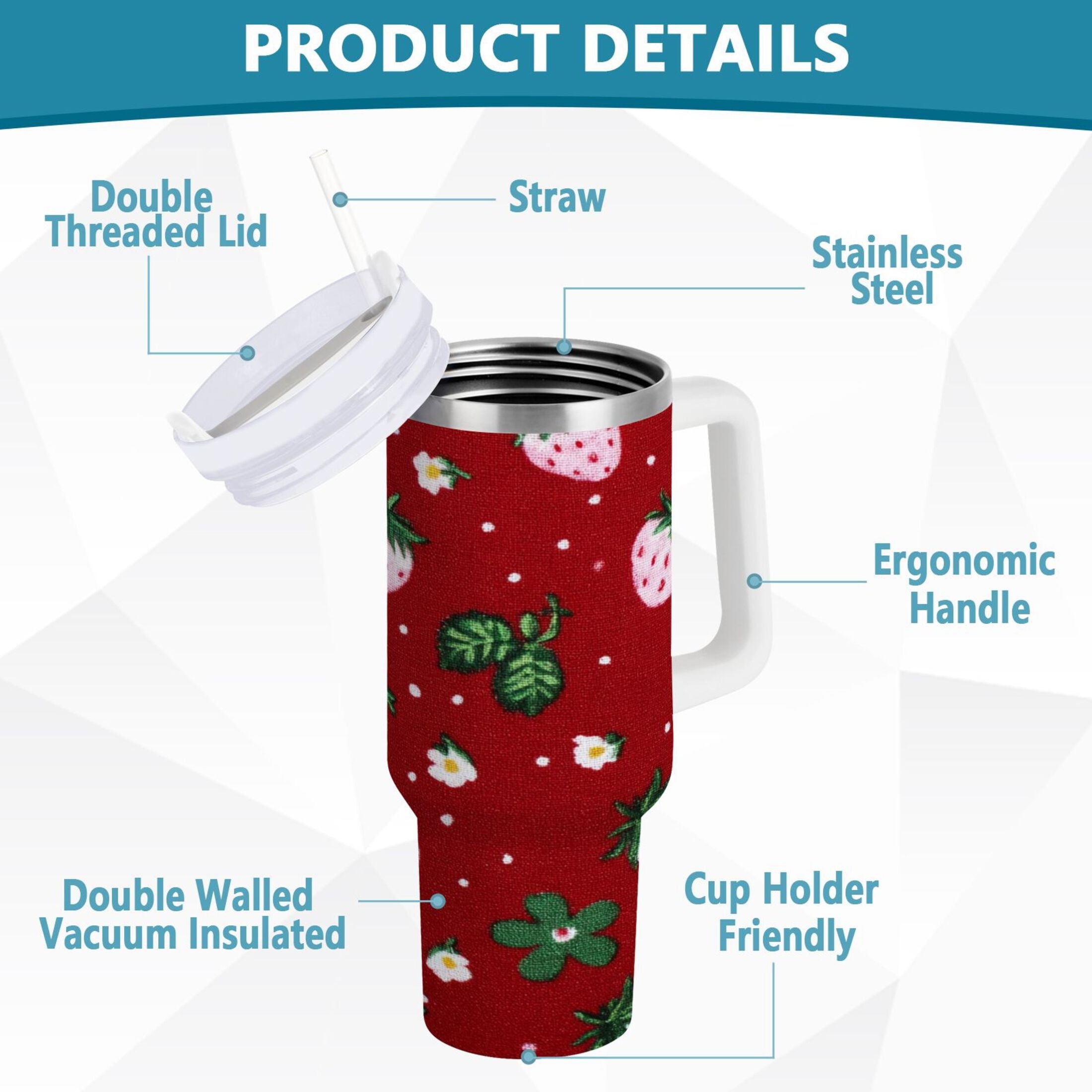 30 oz Insulated Stainless Steel Tumbler Double Wall Stainless Steel Tumbler with 2-Way Drinking Cute Pink Strawberry Pattern - Pick 510