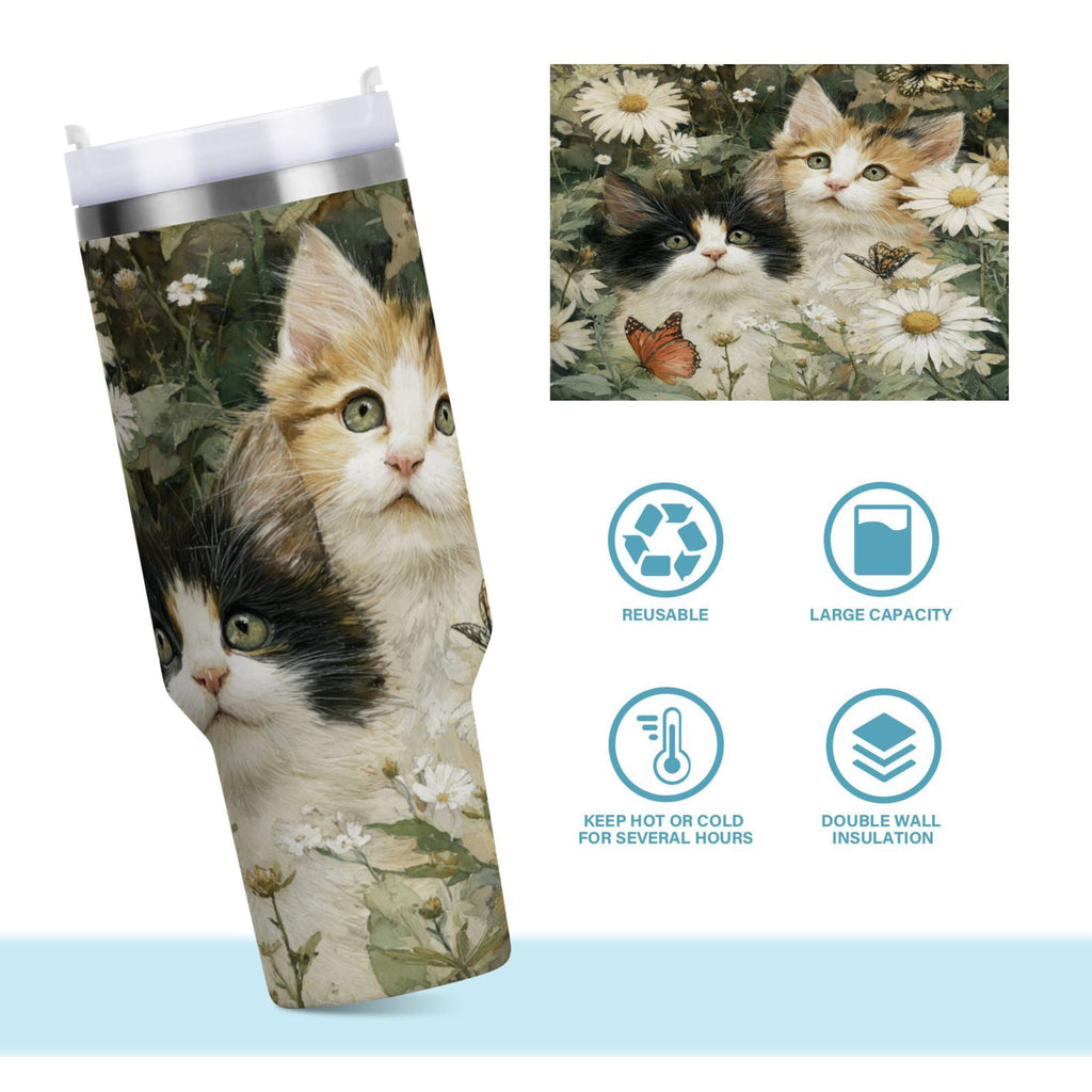 30 oz Insulated Stainless Steel Tumbler Double Wall Stainless Steel Tumbler with 2-Way Drinking Adorable Cats and Daisies - Pick 827