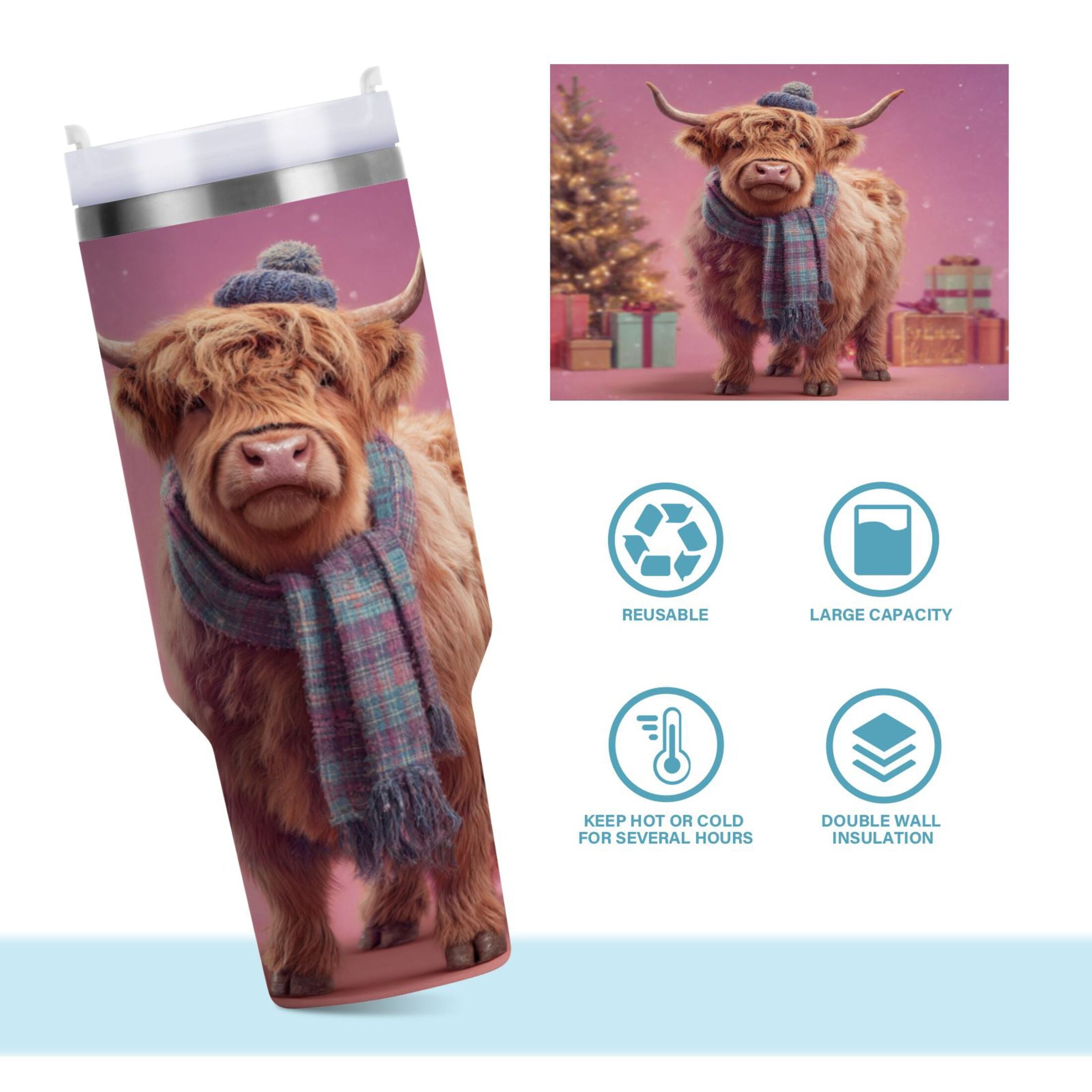 30 oz Insulated Stainless Steel Tumbler Double Wall Stainless Steel Tumbler with 2-Way Drinking Cow Wearing Christmas - Pick 543