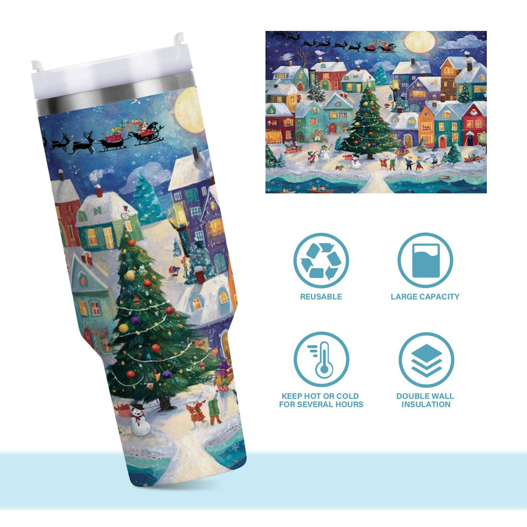 30 oz Insulated Stainless Steel Tumbler Double Wall Stainless Steel Tumbler with 2-Way Drinking Charming Christmas Scene - Pick 932