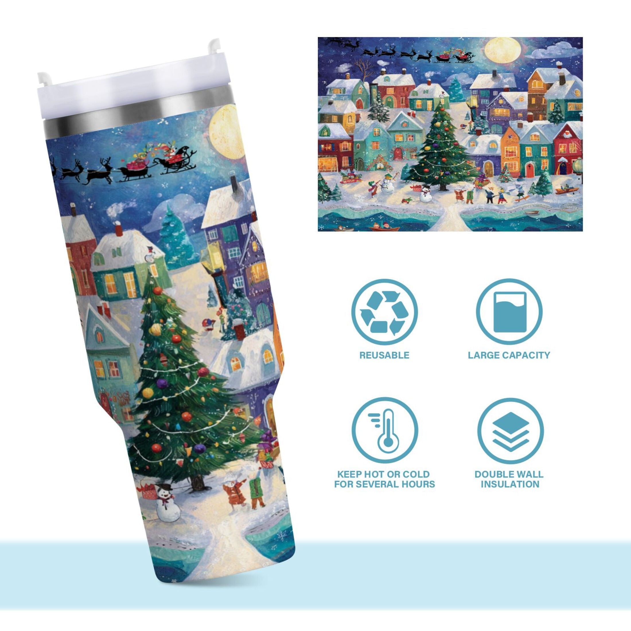 30 oz Insulated Stainless Steel Tumbler Double Wall Stainless Steel Tumbler with 2-Way Drinking Charming Christmas Scene - Pick 932