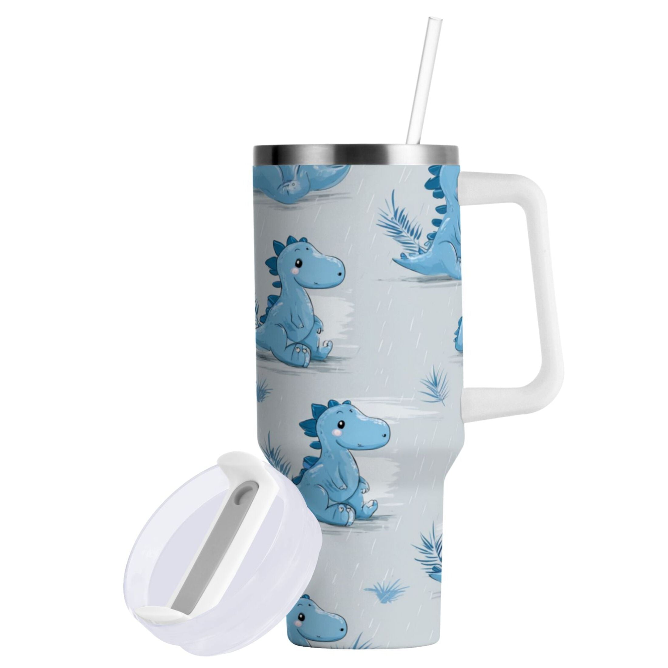 30 oz Insulated Stainless Steel Tumbler Double Wall Stainless Steel Tumbler with 2-Way Drinking Cartoon Blue Dinosaurs - Pick 582