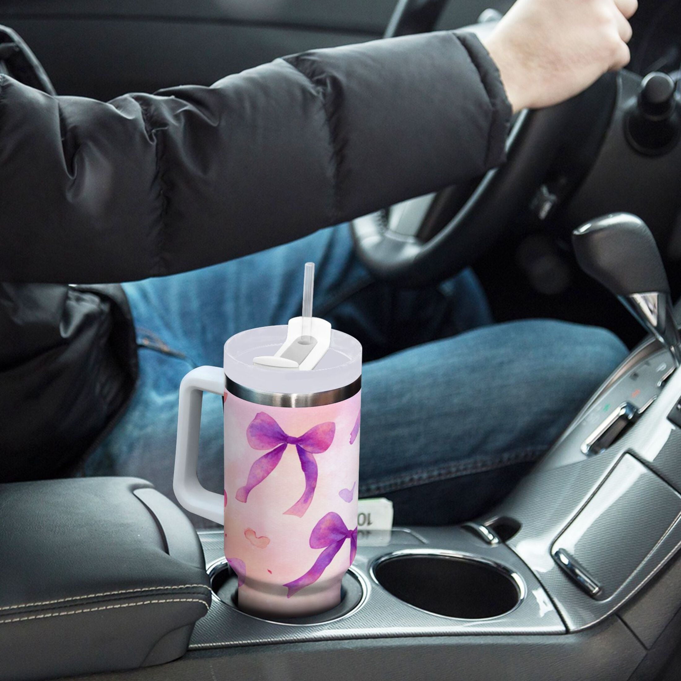 30 oz Insulated Stainless Steel Tumbler Double Wall Stainless Steel Tumbler with 2-Way Drinking Watercolor Purple Bows - Pick 260