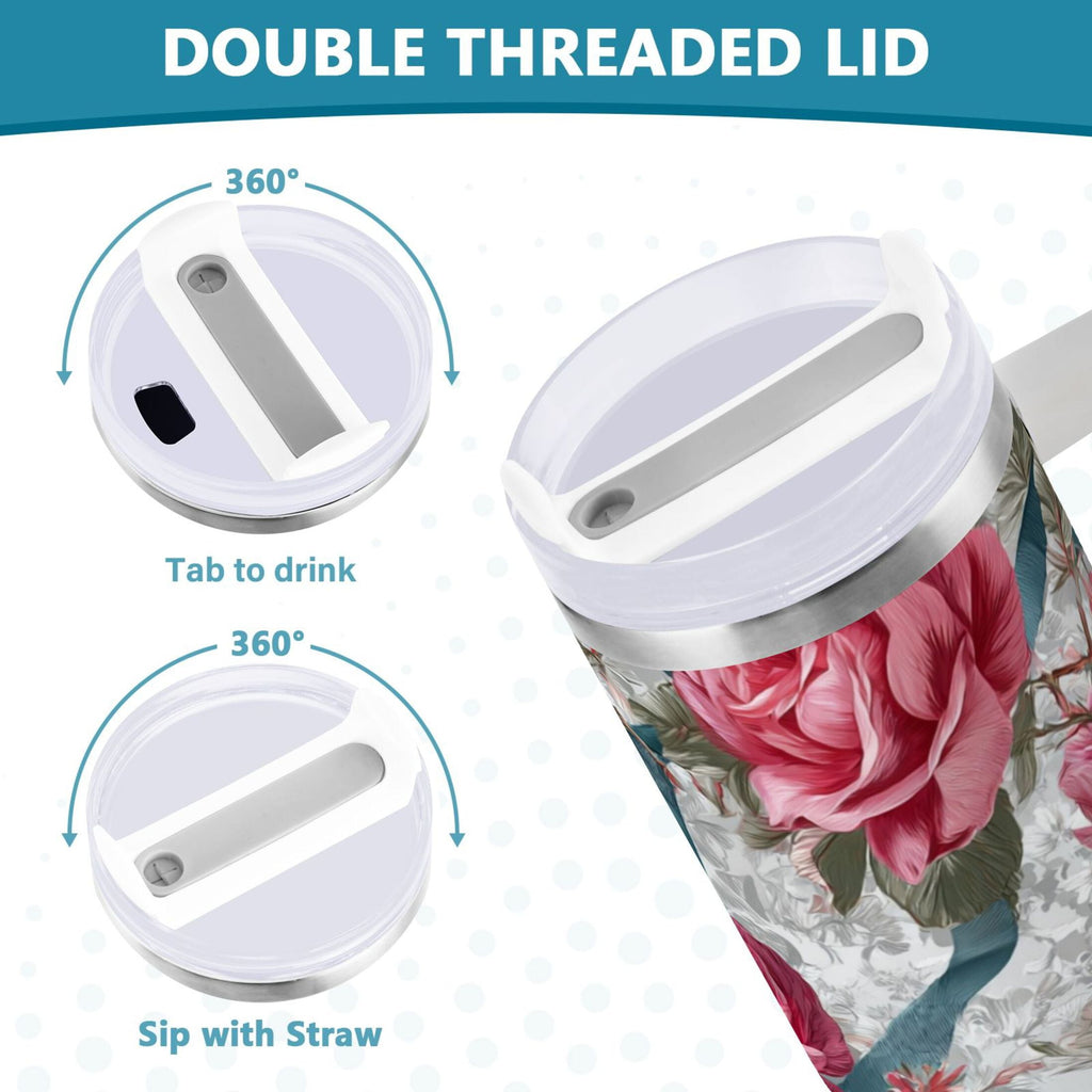 30 oz Insulated Stainless Steel Tumbler Double Wall Stainless Steel Tumbler with 2-Way Drinking Roses and Ribbons - Pick 565
