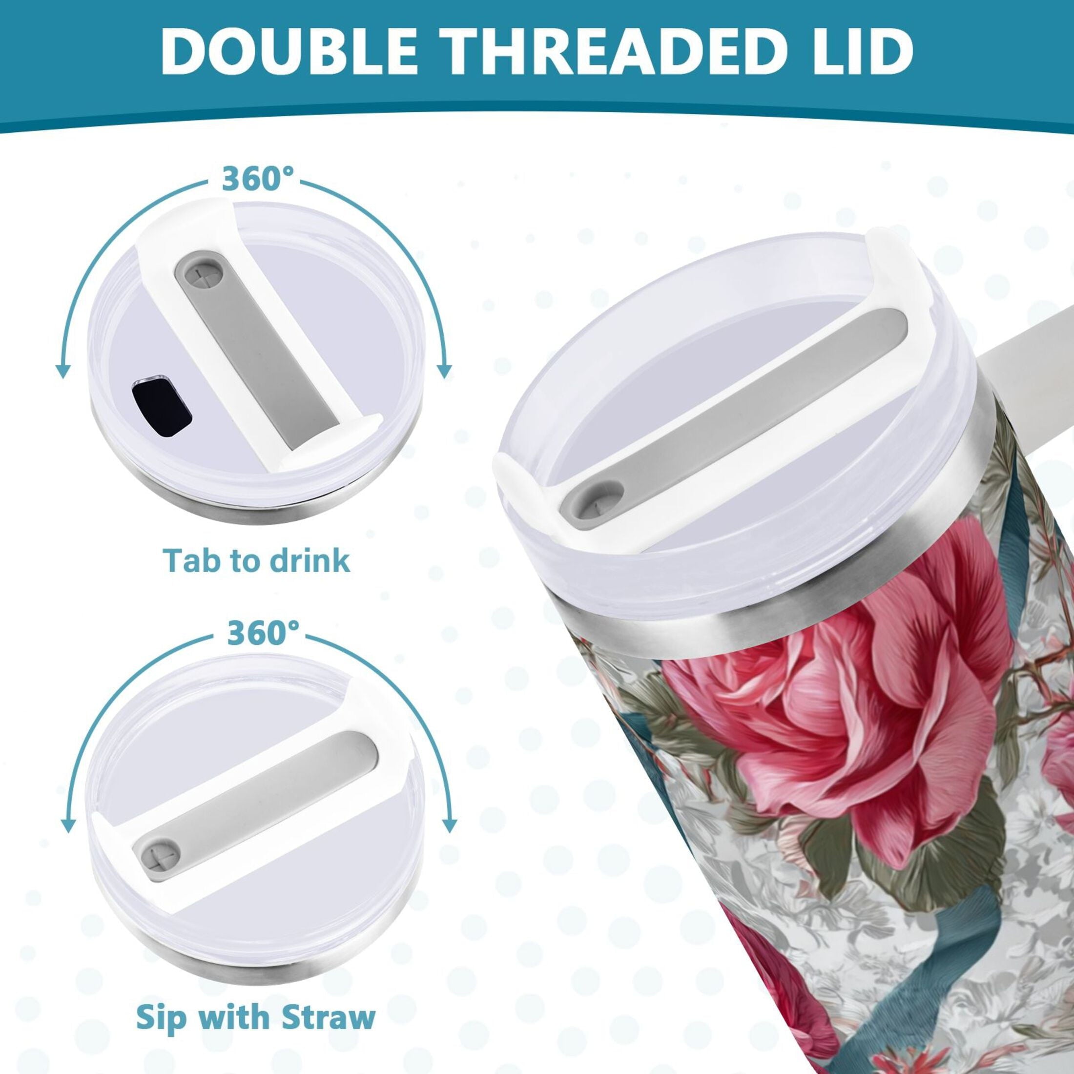 30 oz Insulated Stainless Steel Tumbler Double Wall Stainless Steel Tumbler with 2-Way Drinking Roses and Ribbons - Pick 565