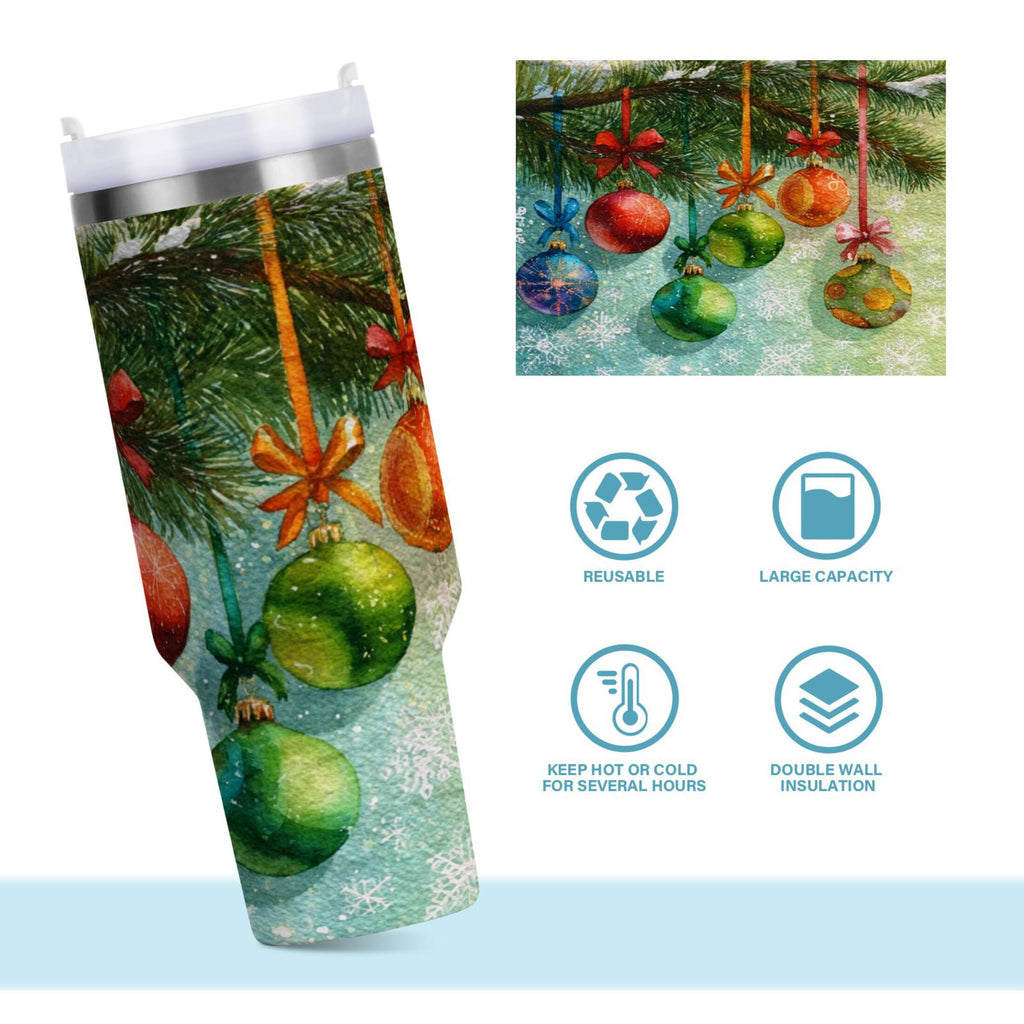30 oz Insulated Stainless Steel Tumbler Double Wall Stainless Steel Tumbler with 2-Way Drinking Christmas Ornaments Watercolor Painting - Pick 357