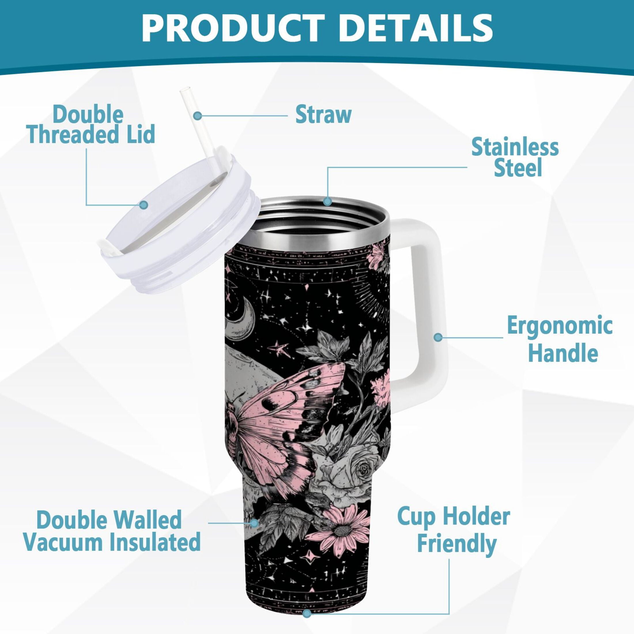 30 oz Insulated Stainless Steel Tumbler Double Wall Stainless Steel Tumbler with 2-Way Drinking Butterfly by Moon and Flowers - Pick 931