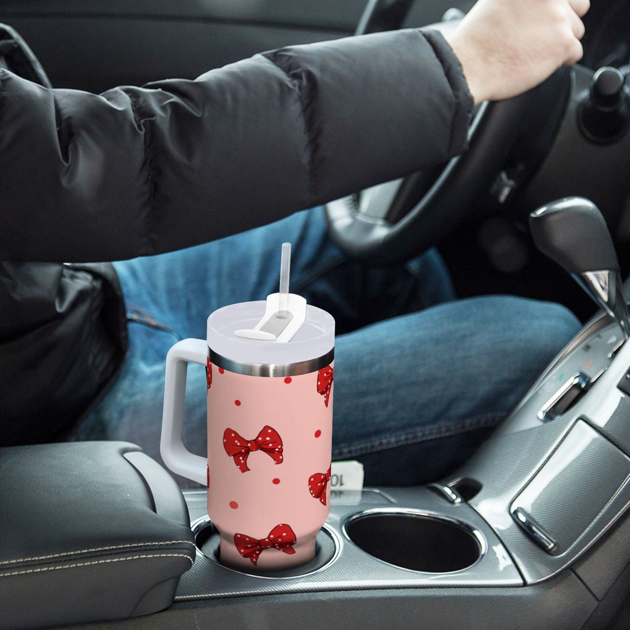 40 oz Insulated Stainless Steel Tumbler Double Wall Stainless Steel Tumbler with 2-Way Drinking Red Bows and Polka Dots - Pick 708