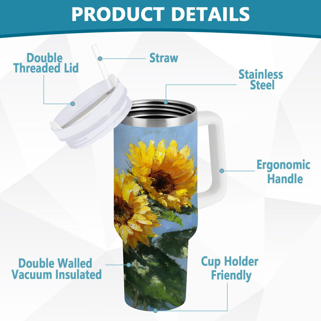 40 oz Insulated Stainless Steel Tumbler Double Wall Stainless Steel Tumbler with 2-Way Drinking Sunflowers Painting - Pick 809