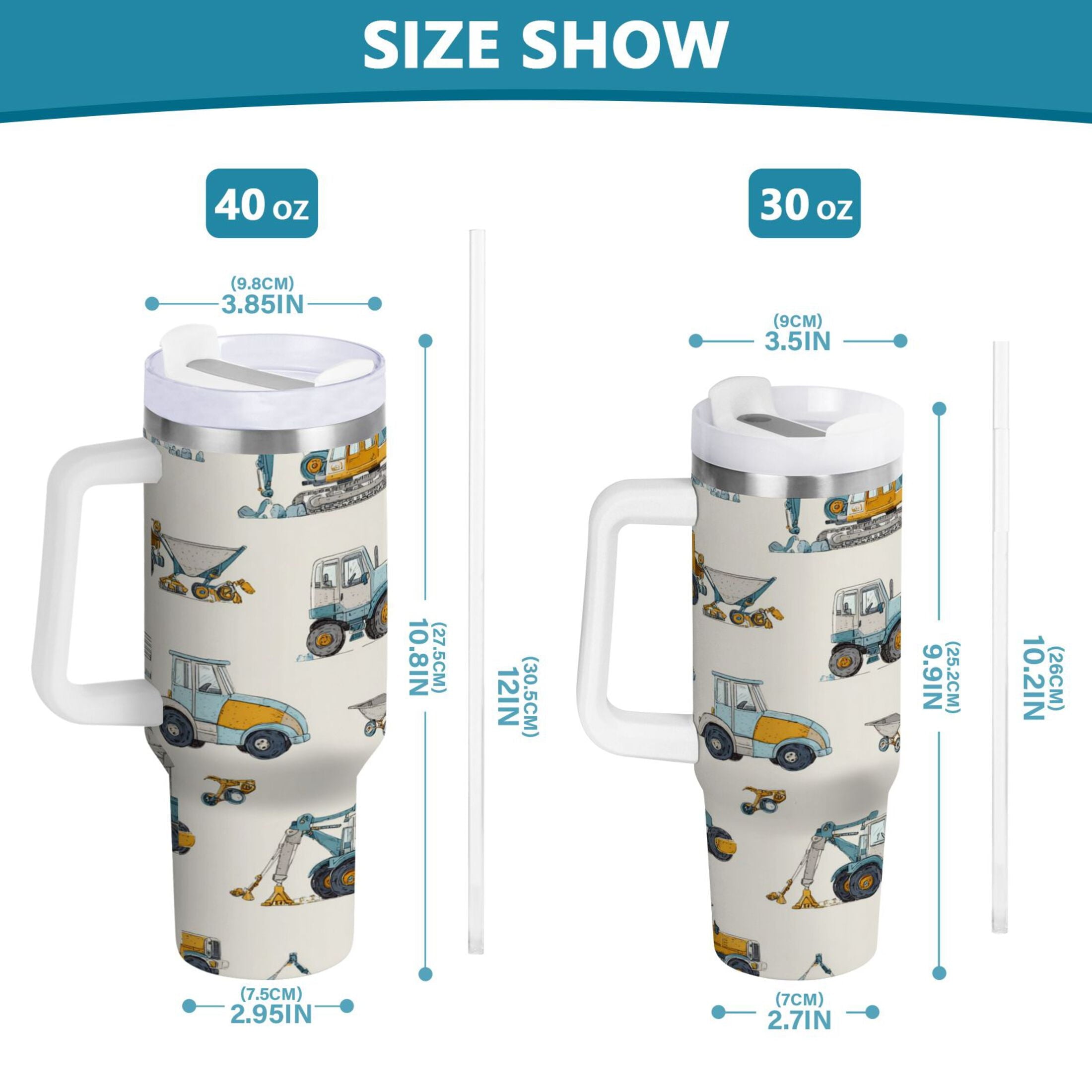30 oz Insulated Stainless Steel Tumbler Double Wall Stainless Steel Tumbler with 2-Way Drinking Engineering Vehicle Pattern - Pick 402