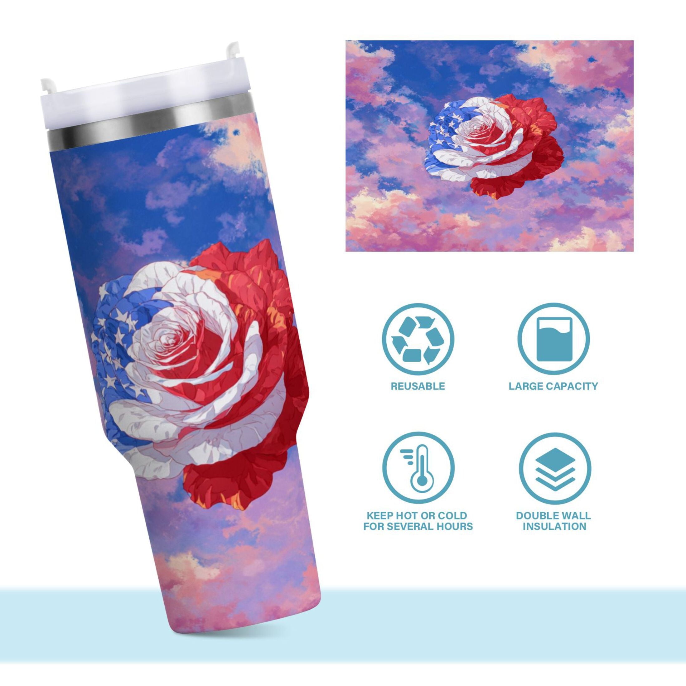 30 oz Insulated Stainless Steel Tumbler Double Wall Stainless Steel Tumbler with 2-Way Drinking Rose with Flag Pattern - Pick 745