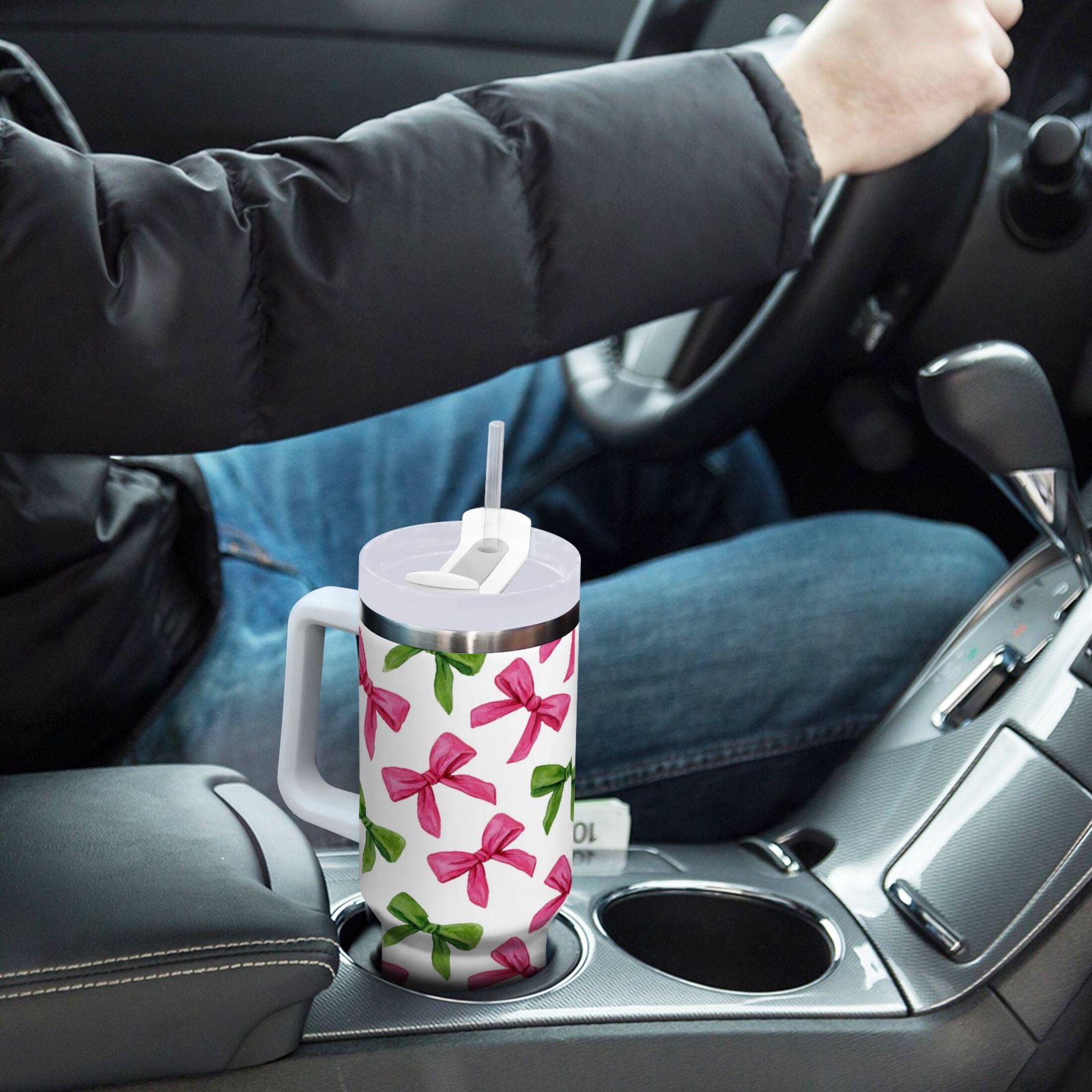 30 oz Insulated Stainless Steel Tumbler Double Wall Stainless Steel Tumbler with 2-Way Drinking Pink Bows and Green Ribbons - Pick 706