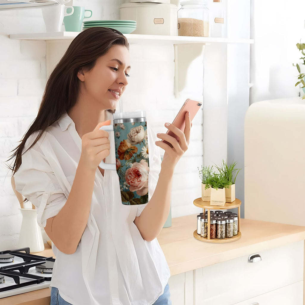 30 oz Insulated Stainless Steel Tumbler Double Wall Stainless Steel Tumbler with 2-Way Drinking Vintage Roses and Peonies - Pick 391