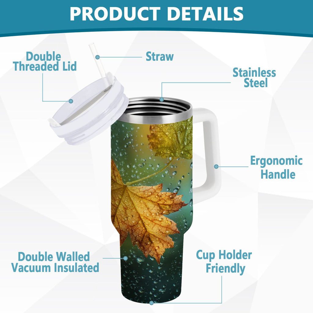 30 oz Insulated Stainless Steel Tumbler Double Wall Stainless Steel Tumbler with 2-Way Drinking Leaves with Water Droplets - Pick 915