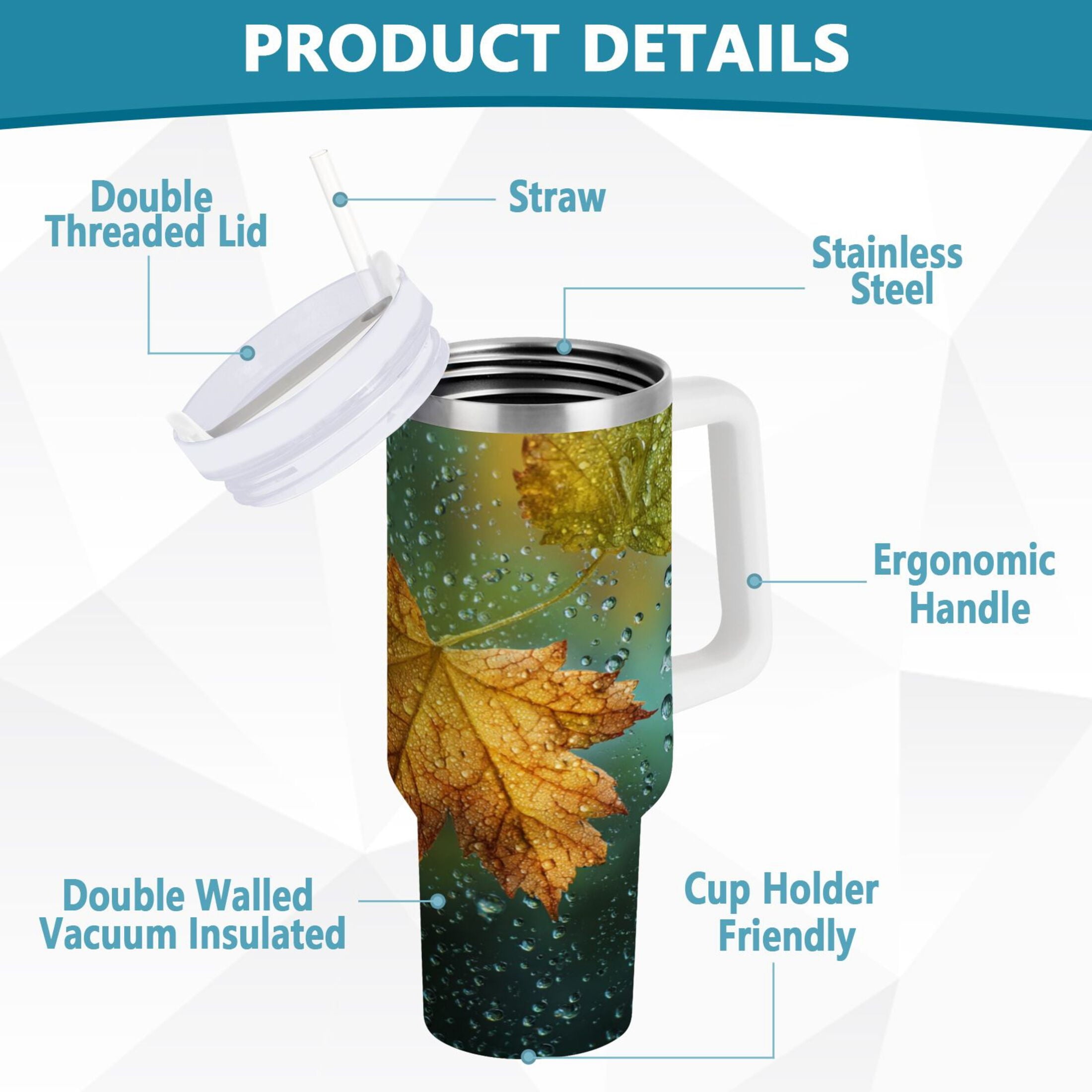 30 oz Insulated Stainless Steel Tumbler Double Wall Stainless Steel Tumbler with 2-Way Drinking Leaves with Water Droplets - Pick 915