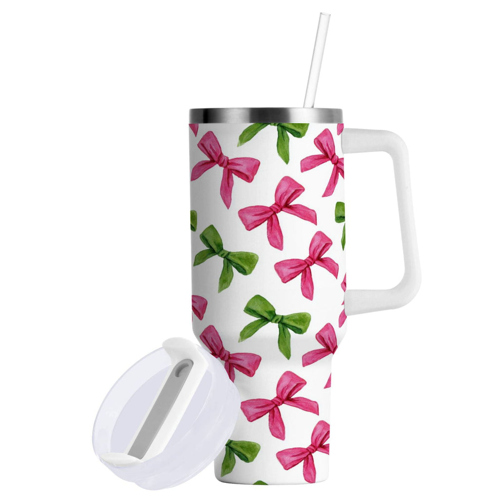 30 oz Insulated Stainless Steel Tumbler Double Wall Stainless Steel Tumbler with 2-Way Drinking Pink Bows and Green Ribbons - Pick 706