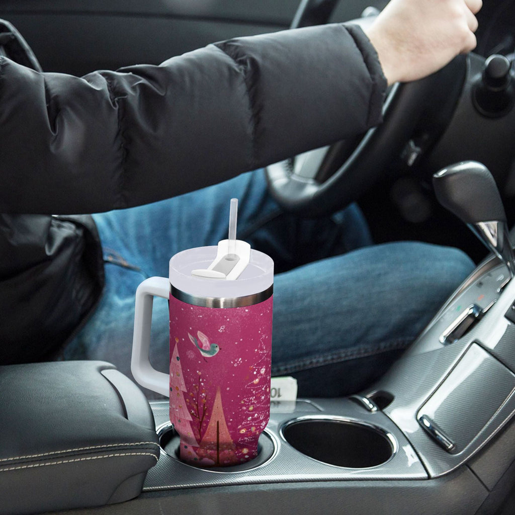 40 oz Insulated Stainless Steel Tumbler Double Wall Stainless Steel Tumbler with 2-Way Drinking Pink Christmas Forest - Pick 480