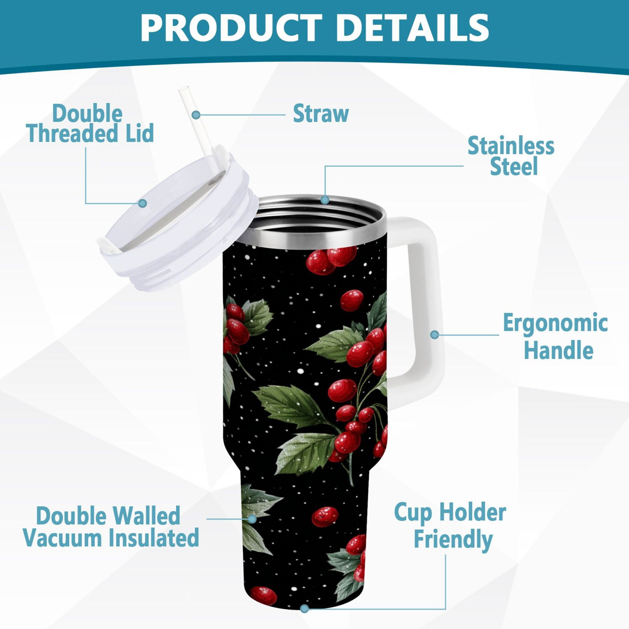40 oz Insulated Stainless Steel Tumbler Double Wall Stainless Steel Tumbler with 2-Way Drinking Red Holly Berries Pattern - Pick 403