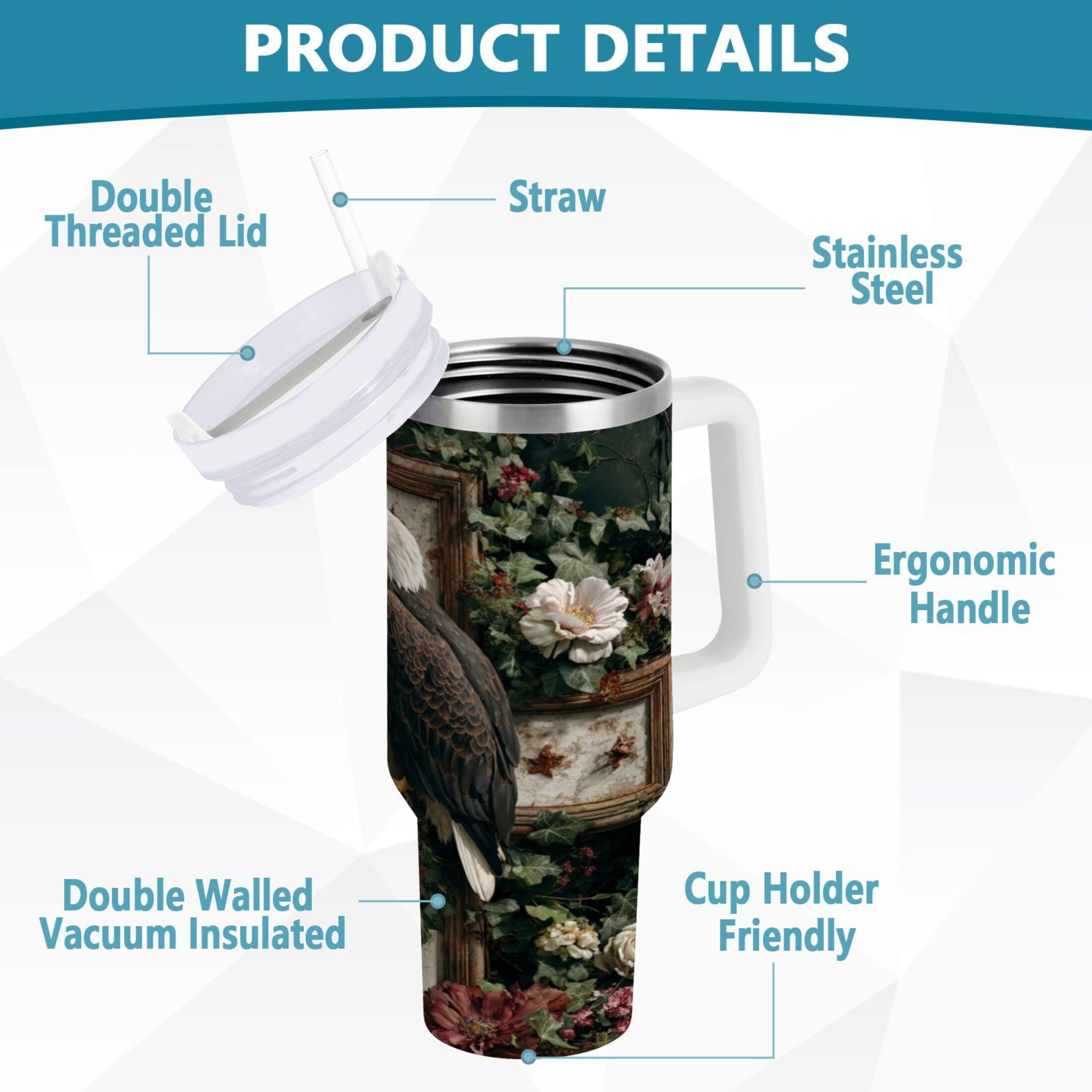 30 oz Insulated Stainless Steel Tumbler Double Wall Stainless Steel Tumbler with 2-Way Drinking Wreath and Bald Eagle - Pick 452