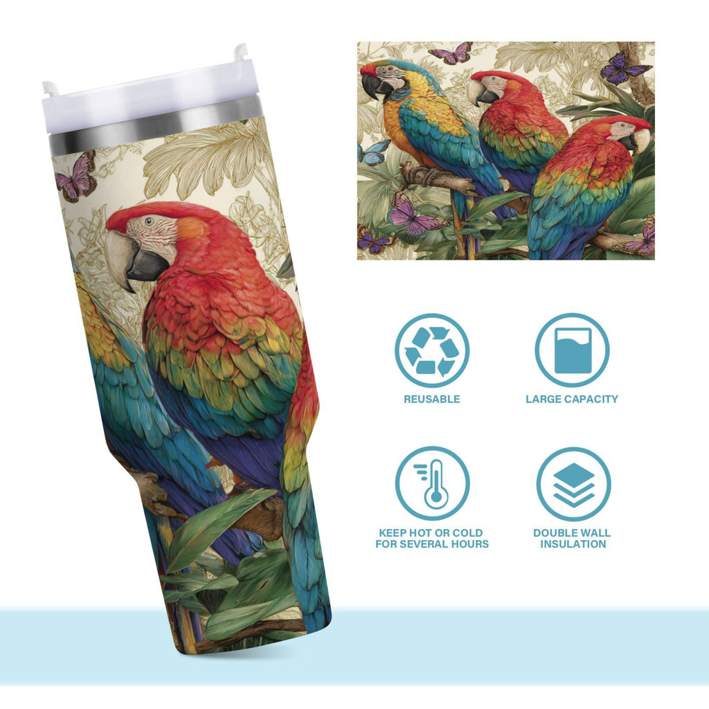 30 oz Insulated Stainless Steel Tumbler Double Wall Stainless Steel Tumbler with 2-Way Drinking Colorful Beautiful Parrots - Pick 300