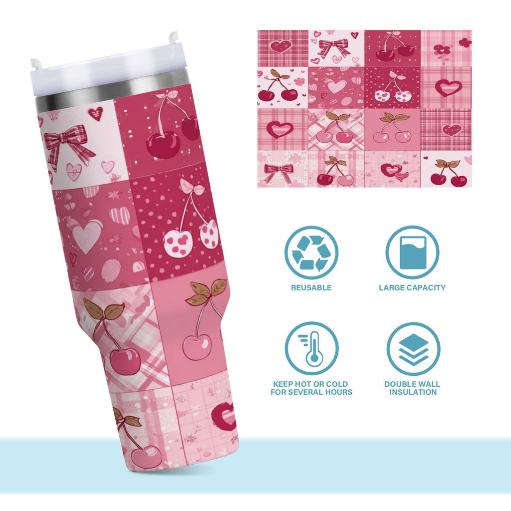 30 oz Insulated Stainless Steel Tumbler Double Wall Stainless Steel Tumbler with 2-Way Drinking Cherry Pattern with Bows - Pick 766