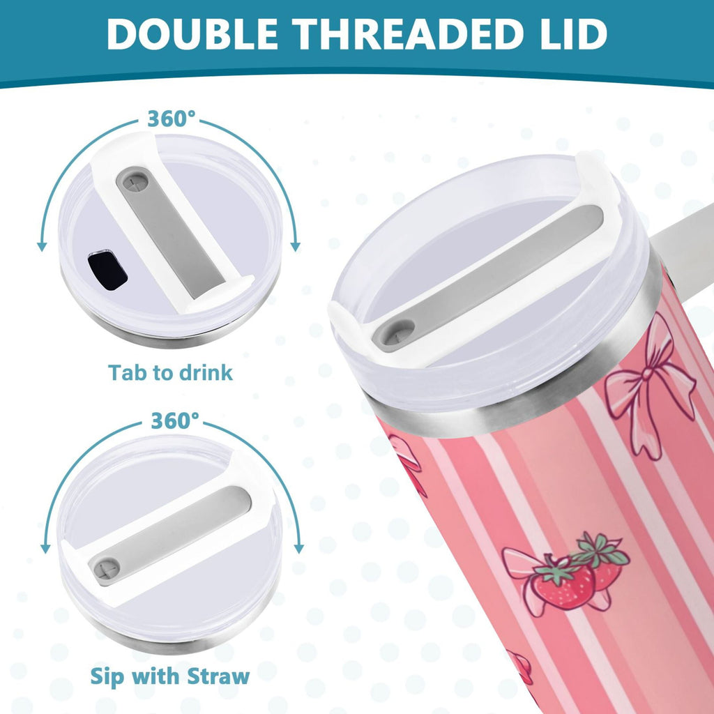 30 oz Insulated Stainless Steel Tumbler Double Wall Stainless Steel Tumbler with 2-Way Drinking Pink Bows and Strawberries - Pick 281