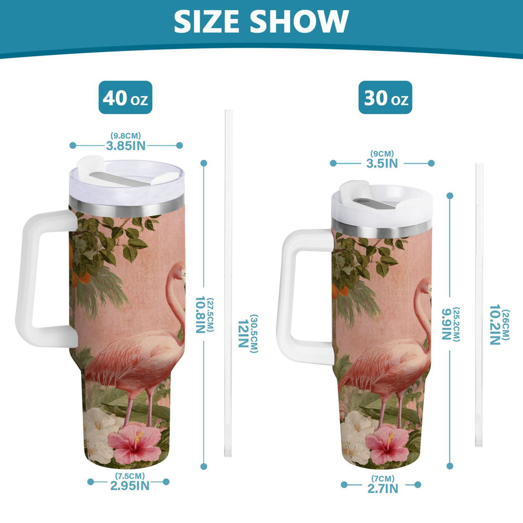 40 oz Insulated Stainless Steel Tumbler Double Wall Stainless Steel Tumbler with 2-Way Drinking Flamingos in Tropical Garden - Pick 352