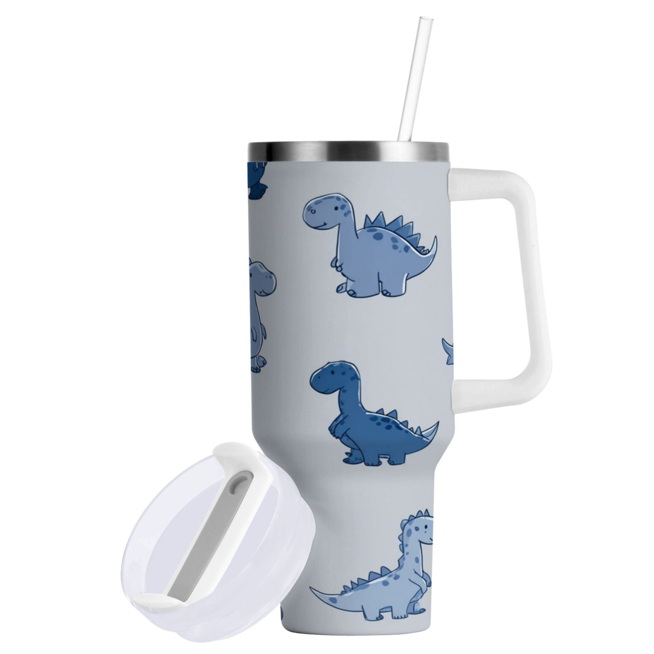 30 oz Insulated Stainless Steel Tumbler Double Wall Stainless Steel Tumbler with 2-Way Drinking Cute Blue Dinosaurs - Pick 295