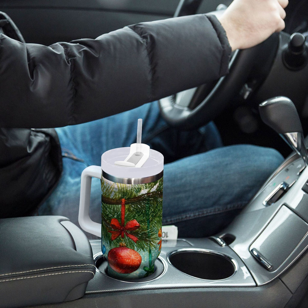 30 oz Insulated Stainless Steel Tumbler Double Wall Stainless Steel Tumbler with 2-Way Drinking Christmas Ornaments Watercolor Painting - Pick 357