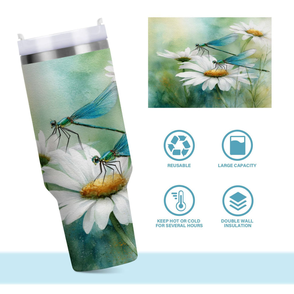 30 oz Insulated Stainless Steel Tumbler Double Wall Stainless Steel Tumbler with 2-Way Drinking Beautiful Dragonflies and Daisies - Pick 172