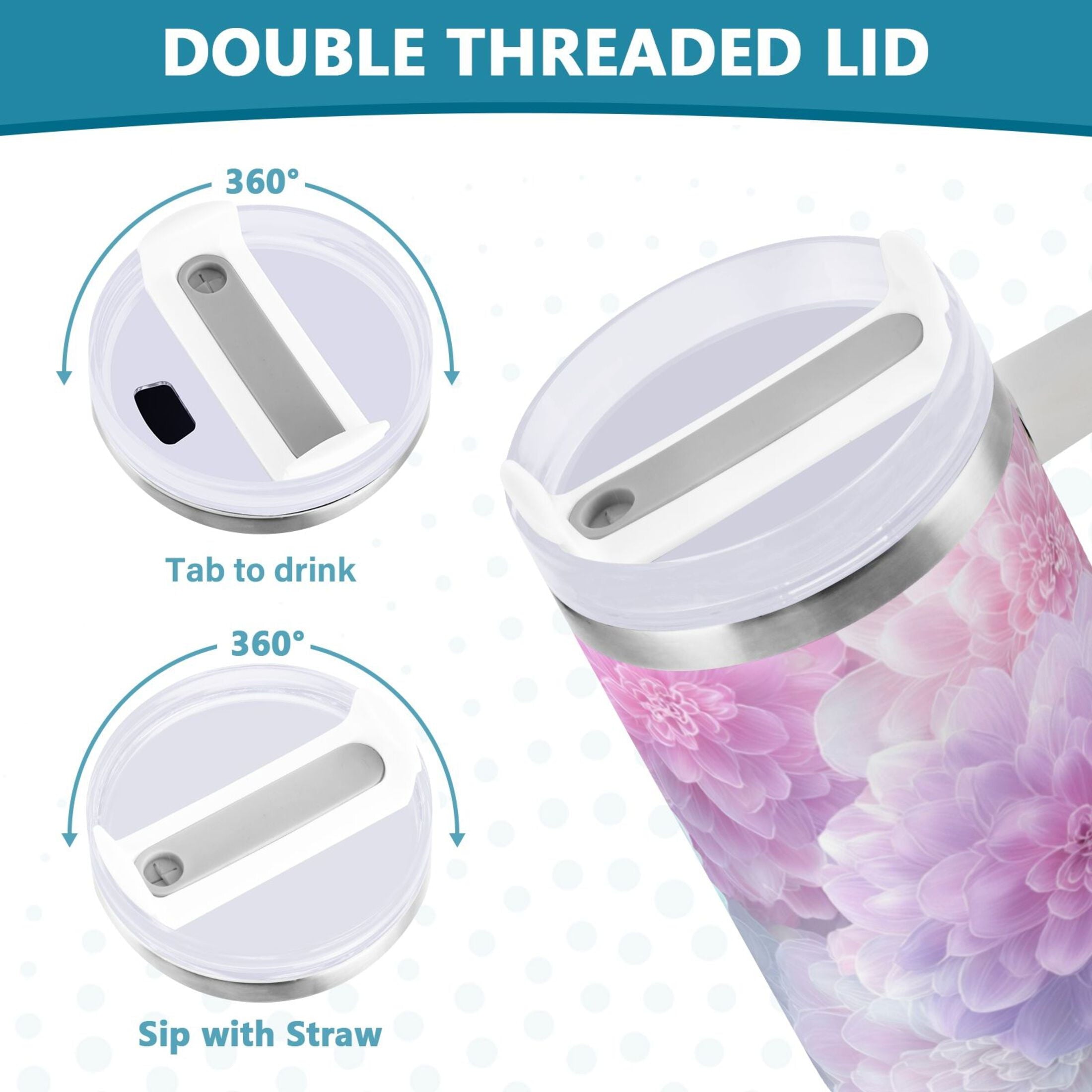 30 oz Insulated Stainless Steel Tumbler Double Wall Stainless Steel Tumbler with 2-Way Drinking Cute Pastel Watercolor Floral - Pick 789