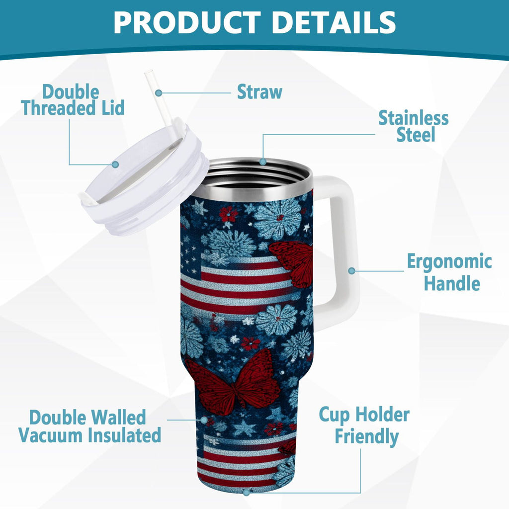 30 oz Insulated Stainless Steel Tumbler Double Wall Stainless Steel Tumbler with 2-Way Drinking Red Butterflies and Flags - Pick 334