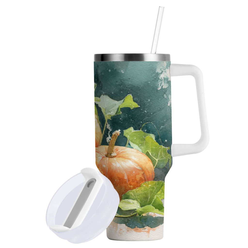 40 oz Insulated Stainless Steel Tumbler Double Wall Stainless Steel Tumbler with 2-Way Drinking Orange and White Pumpkins - Pick 970