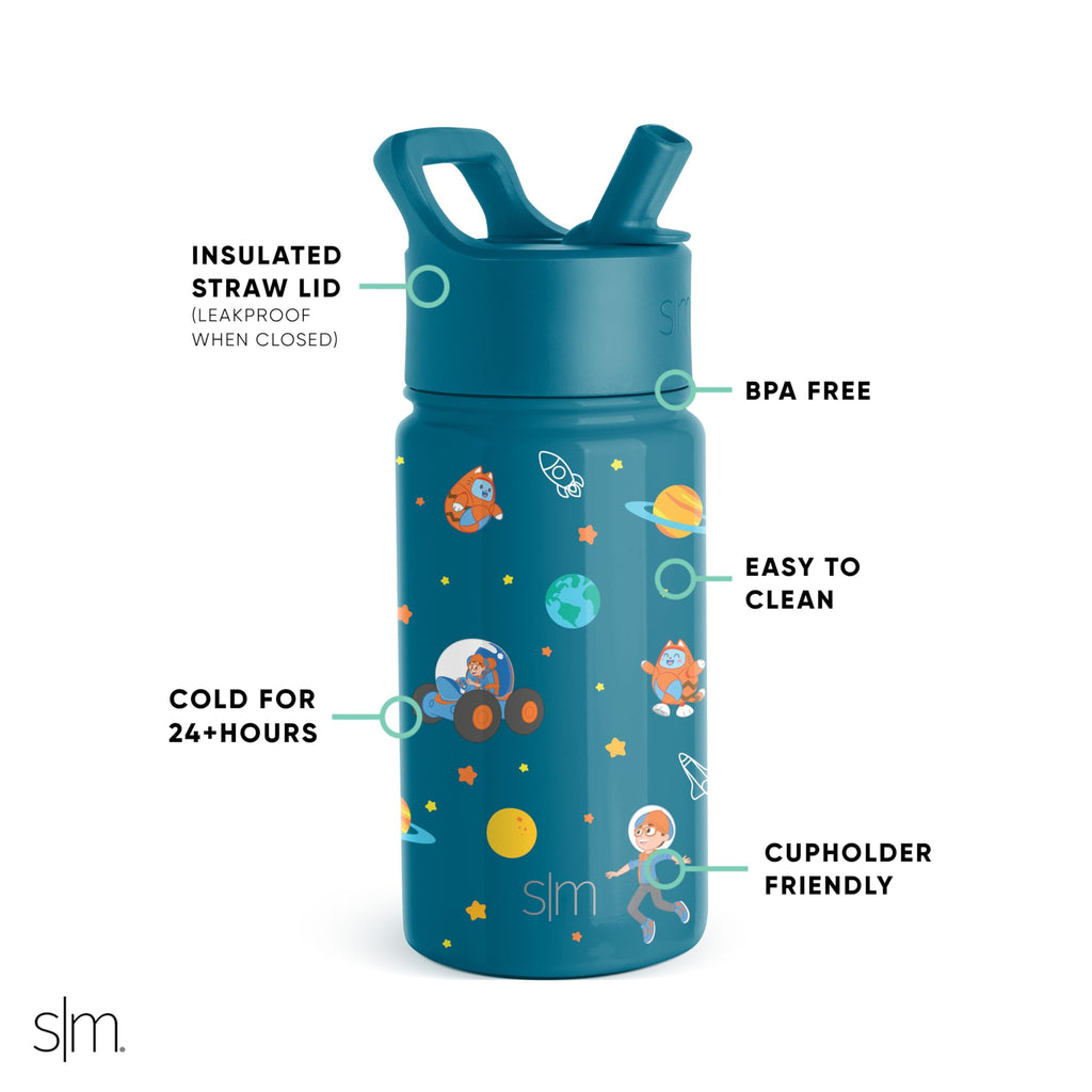 Simple Modern Blippi Kids Water Bottle with Straw Lid | Insulated Stainless Steel Reusable Tumbler for Toddlers, Girls | Summit Collection | 14oz, Blippi Space - Pick 881