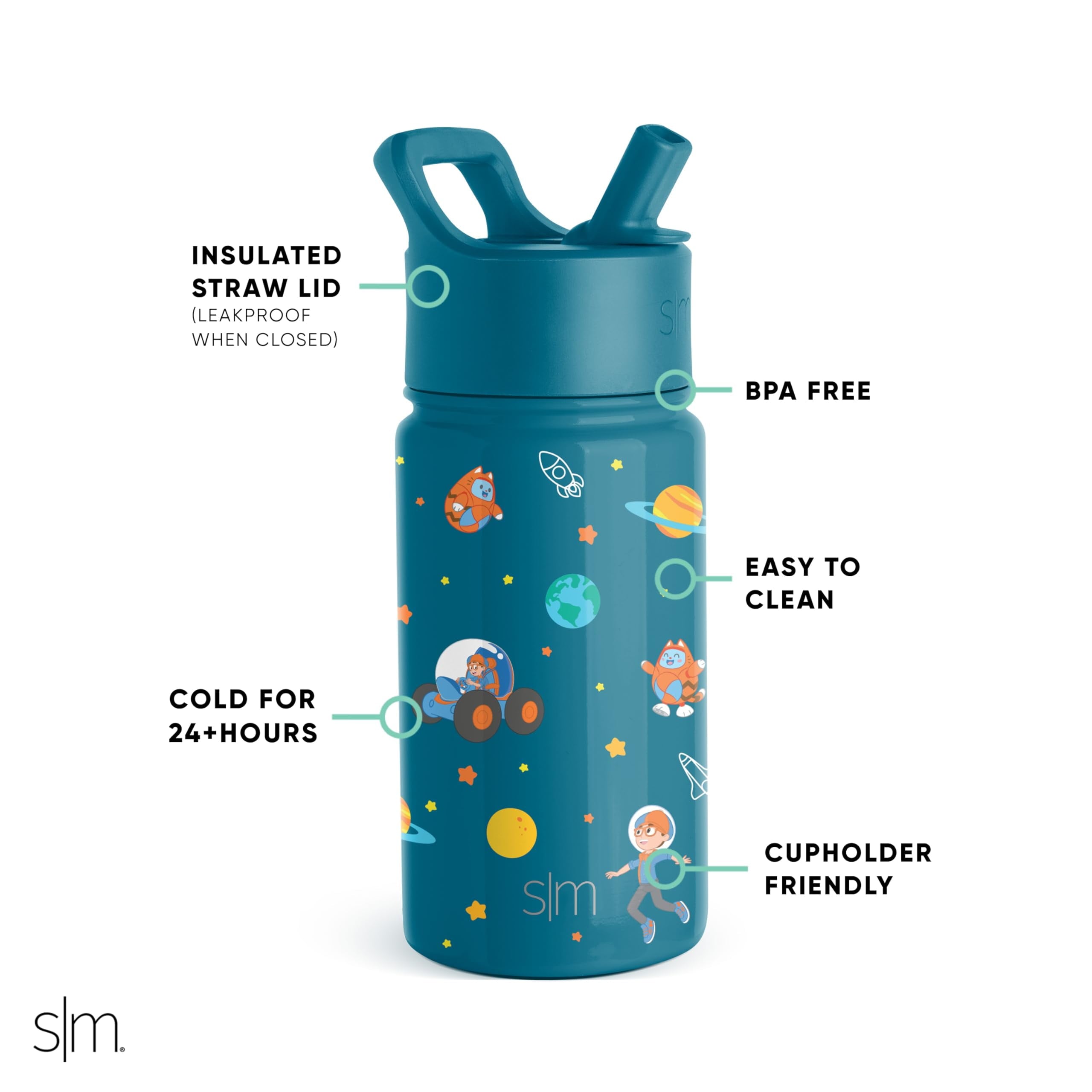 Simple Modern Blippi Kids Water Bottle with Straw Lid | Insulated Stainless Steel Reusable Tumbler for Toddlers, Girls | Summit Collection | 14oz, Blippi Space - Pick 881