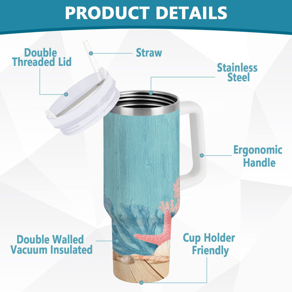 40 oz Insulated Stainless Steel Tumbler Double Wall Stainless Steel Tumbler with 2-Way Drinking Colorful Starfish and Seashells - Pick 769